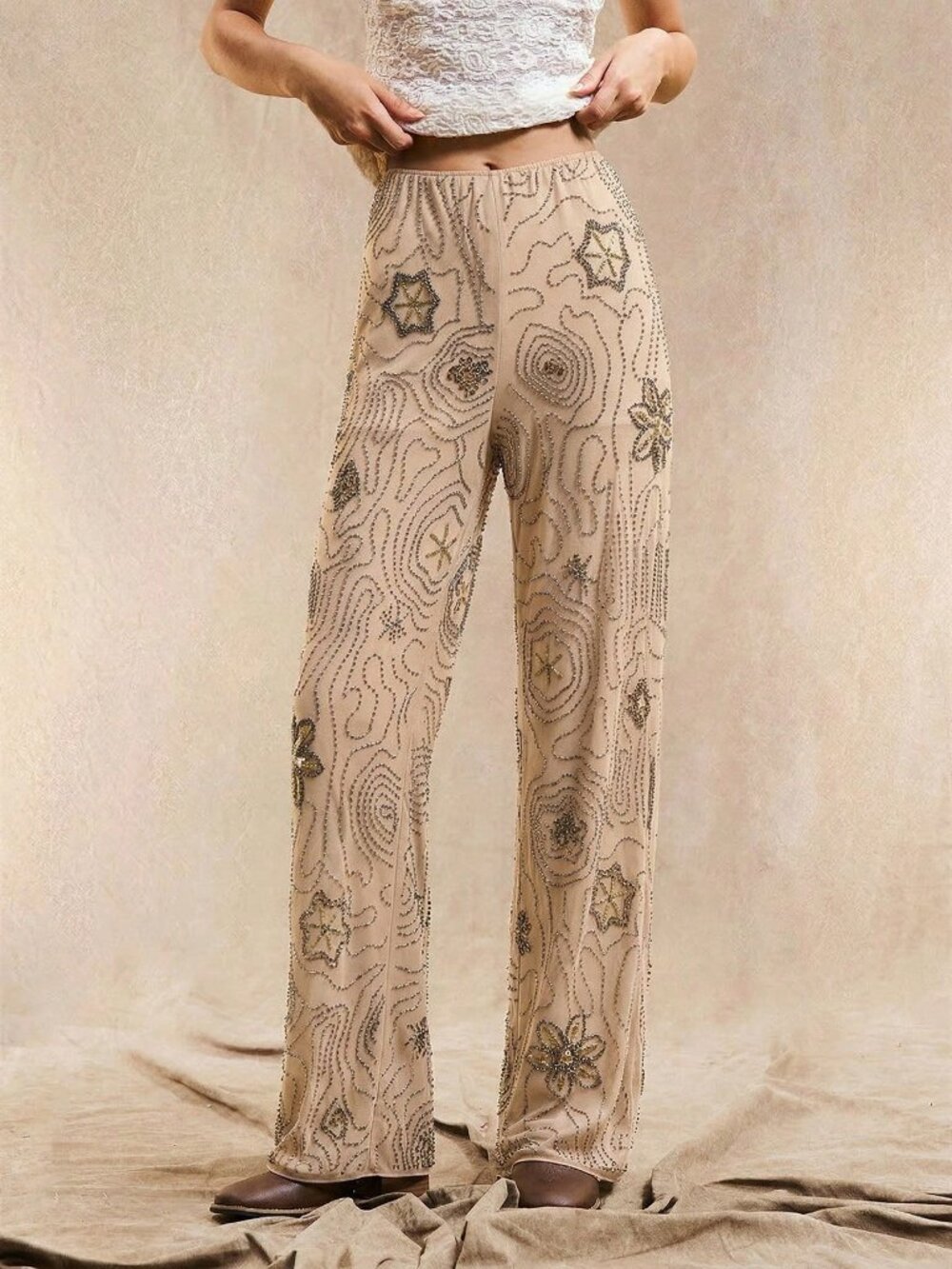 Apricot Boho Women's Loose Straight Leg Pants With Beaded Pattern - Picture 4 of 4